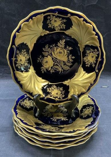 Set 6 Weimar Gilt Cobalt Porcelain Plates In United States