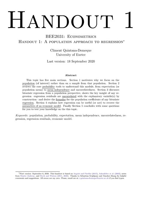 Econometrics Notes Marked Up Bee2031 Econometrics Handout 1 A