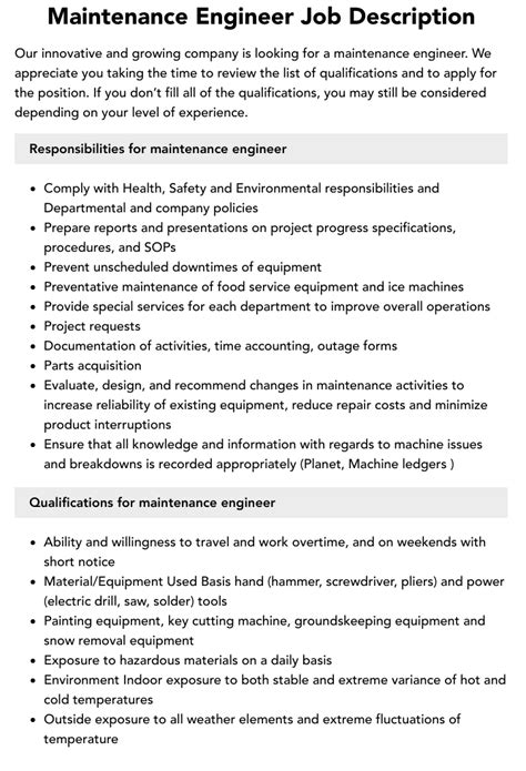 Maintenance Engineer Job Description Velvet Jobs