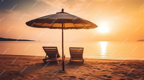 Premium Ai Image Two Deckchairs Under Parasol In Tropical Beach At Sunset