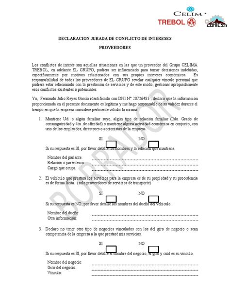 Declaración Jurada De Conflicto De Intereses Pdf