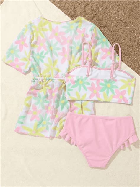 Ba Ador Bikini Con Estampado Floral Ribete Con Fruncido Con Kimono