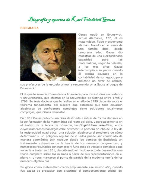 Biografía Y Aportes De Karl Friedrich Gauss Conceptos Matemáticos