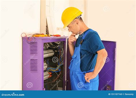 Mature Electrician Near Distribution Board Stock Image Image Of Person Background