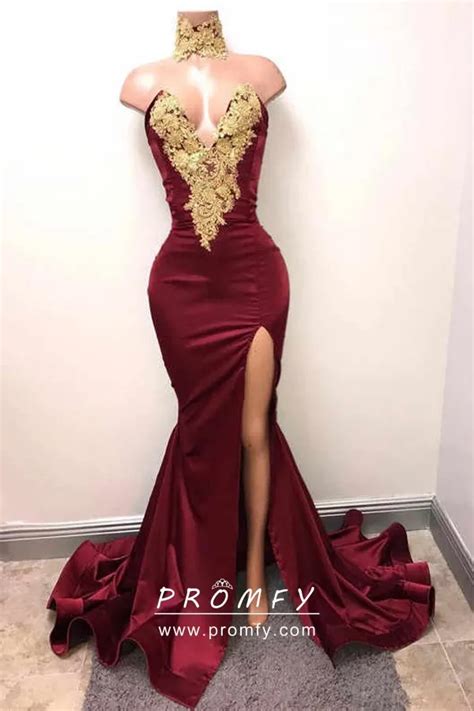 Gold Sequin Lace Appliqued Maroon Satin Slit Prom Dress Promfy