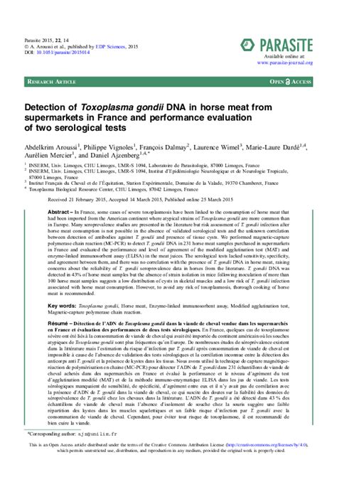 Pdf Toxoplasma Detection In Horse Meat In France