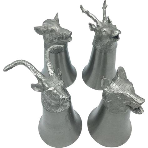 Vintage Set Of 4 Animal Head Stirrup Cups Goblets Pewter And