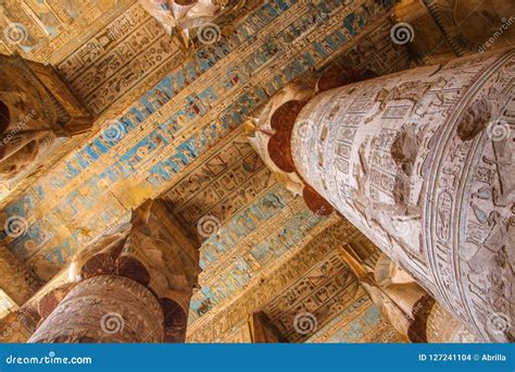 Beautiful Interior of the Temple of Dendera or the Temple of Hathor. Colorful Zodiac on the ...