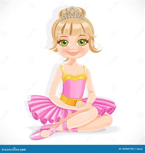 Beautiful Ballerina Girl In Purple Dress And Tiara Sit On Floor Stock