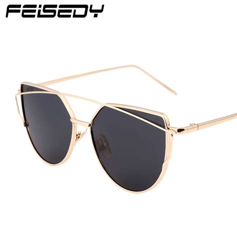 Feisedy Fashion Vintage Mirror Sunglasses Women Metal Reflective Cat