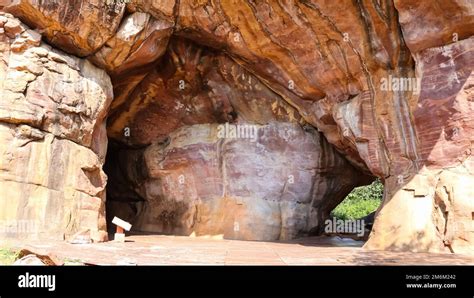 Auditorium cave entrance of Bhimbetka Rock Shelters, World Heritage site, Raisen, Madhya Pradesh ...