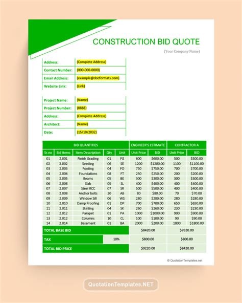 Free Construction Quote Templates Word Excel Pdf