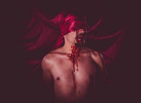 Premium Photo Horror Naked Man On Large Red Cloth Over His Eyes
