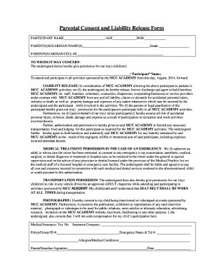 Fillable Online Mccfts Parental Consent And Liability Release Form