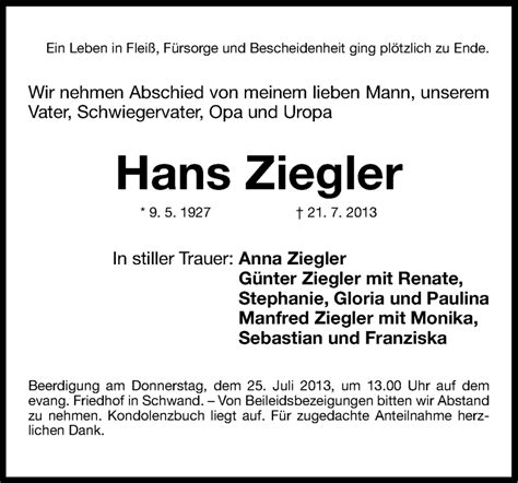 Traueranzeigen Von Hans Ziegler Trauer Nn De