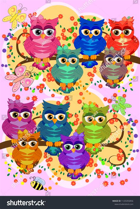 Three Cute Colorful Cartoon Owls Sitting Stock Vector Royalty Free