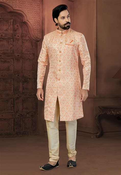 Peach Banarasi Jacquard Indo Western Sherwani