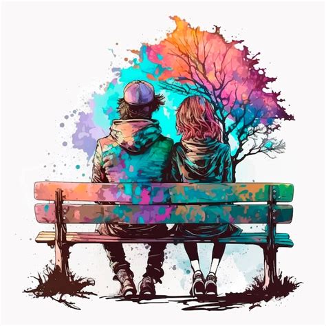 Premium Vector Romantic Couple On Bench In Watercolor Style