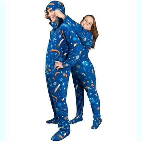 Outer Space Print Fleece Hooded Footie Pajamas Adult Footed Pajamas Footie Pajama Pajamas