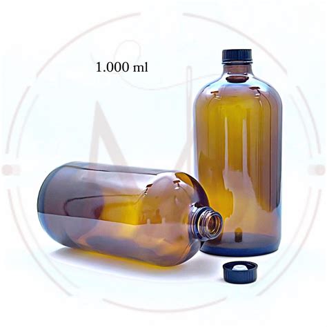 Jual Botol Kaca 1000ml Boston Round Amber Tutup Plastik Seal Hitam