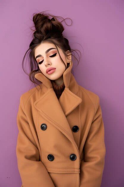 Premium Photo Woman In Coat With Makeup Round Buttons Model Brunette