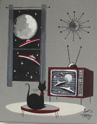 EL GATO GOMEZ PAINTING RETRO 60S MID CENTURY VINTAGE OUTER SPACE SHIP