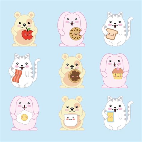 Kawaii Chat Souris Lapin Dessin Anim Tenant La Nourriture Vecteur