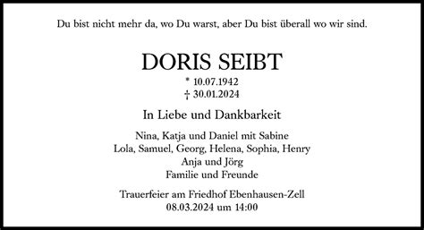 Traueranzeigen Von Doris Seibt Sz Gedenken De