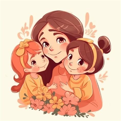 Un Dibujo De Caricatura De Una Madre Y Dos Ni As Peque As Con Flores