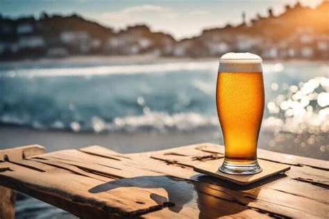 Un Vaso De Cerveza Se Sienta En Una Mesa Al Lado De Una Playa Foto