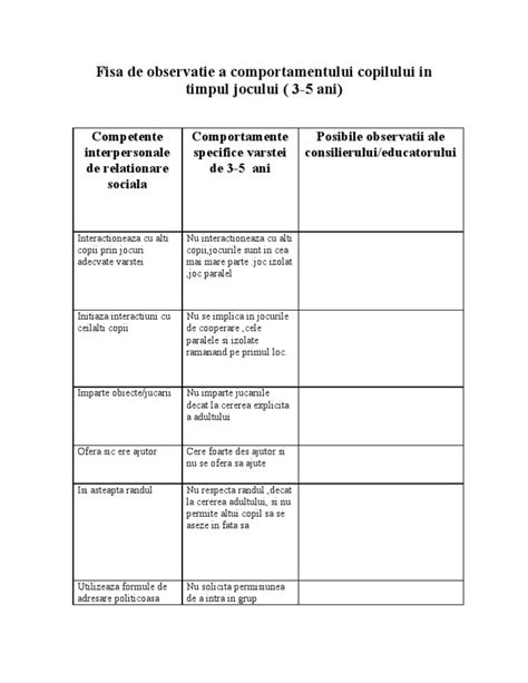 Pdf Fisa De Observatie A Comportamentului Copilului In Timpul Jocului