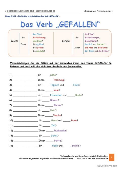 A1 Das Verb Gefallen Übung 00 Deutsch Daf Arbeitsblätter Pdf And Doc