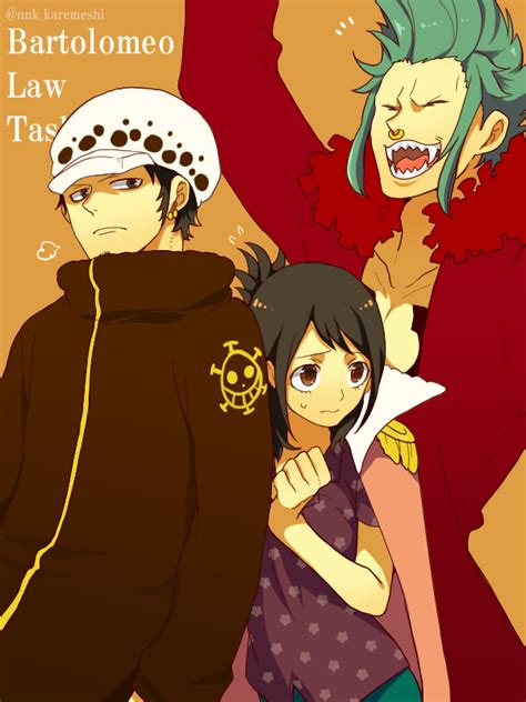 Safebooru 1girl 2boys Bartolomeo Black Hair Character Name Curry Gohan Green Hair Hat Marine