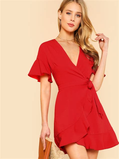 Short Flounce Sleeve Wrap Tie Dress Red Red Dress Casual Red Dress