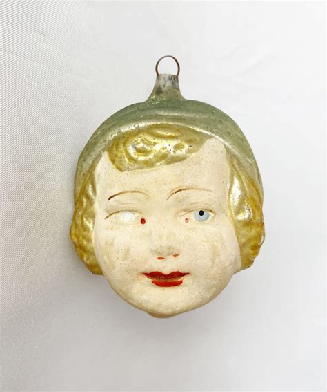 1920s German Figural Glass Head Ornament Flapper Girl Flesh Face Rare Just Vintage Christmas