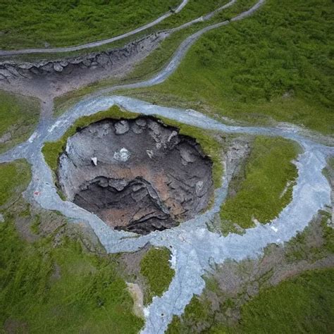 Aerial Shot Of Permafrost Sinkhole Forming In Siberia Stable