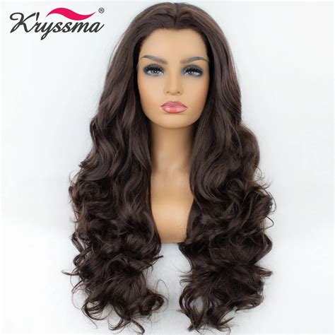 Synthetic Lace Front Wig 24 Inches Widows Peak Long Brown Wavy Wigs For Women 150 Density