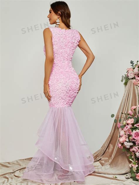 Appliques Contrast Mesh Mermaid Hem Prom Dress Shein Usa