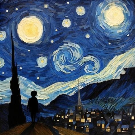 Pintura De Noche Estrellada De Una Persona Mirando La Ciudad Generativa