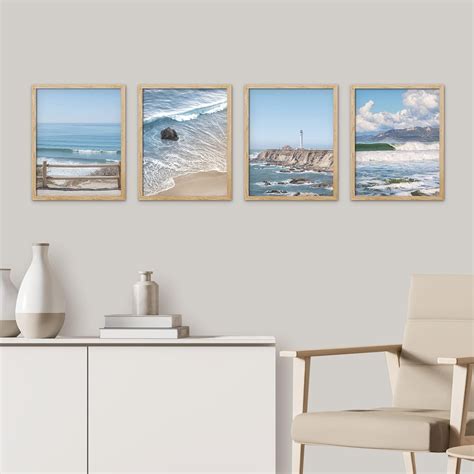 Pixonsign Framed Wall Art White Aerial View Blue Ocean Wave Beach