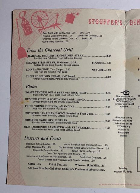 Vintage October 17 1961 Stouffers Restaurant Original Menu Dinner Ebay