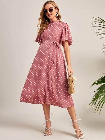 SHEIN Maternity Flutter Sleeve Split Tie Back Polka Dot Dress Dot