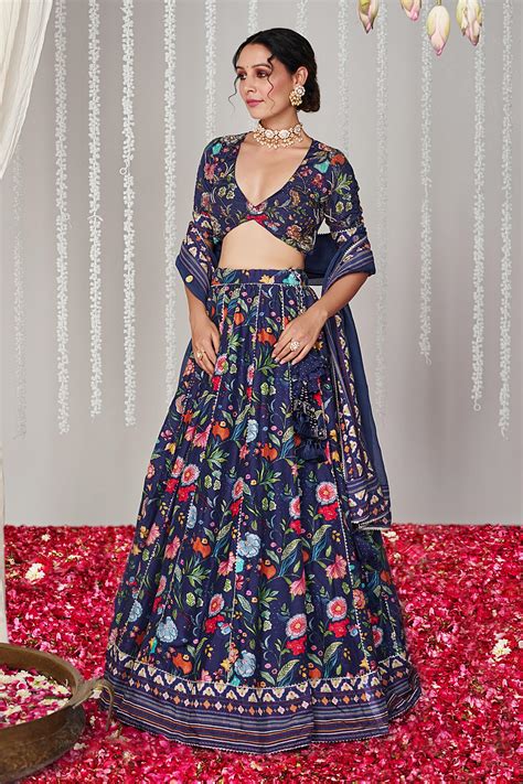 Buy Blue Cotton Silk Print Bagicha Gardenia Plunging V Neck Lehenga Set