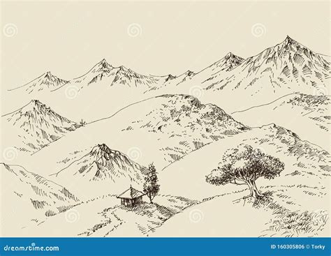 Mountains Ranges Nature Sketch Spiky Mountain Landscape Sketch Hand