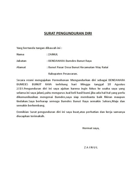 Detail Contoh Surat Pengunduran Diri Dari Jabatan Bendahara Koleksi