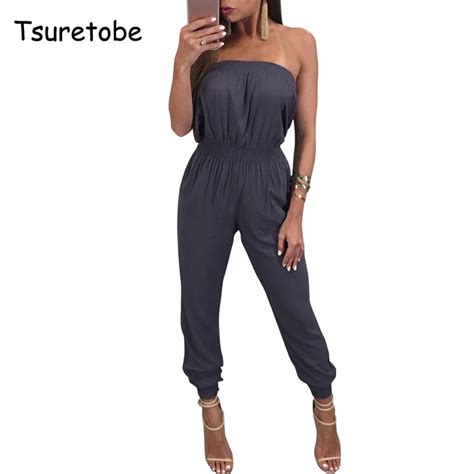 Tsuretobe 2017 Bodycon Solid Color Elegant Jumpsuits Backless Strapless Black Romper Womens