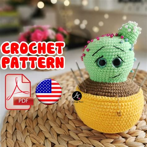 Crochet Pattern Pincushion Cactus Pdf English Crochet Cactus Digital