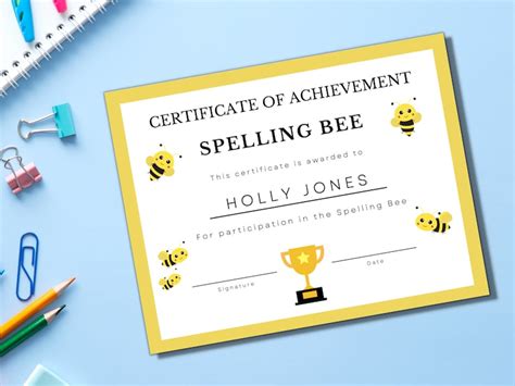 Editable Spelling Bee Certificate Printable Spelling Bee Certificate Spelling Award