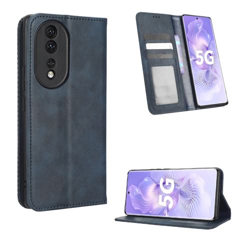 For Honor 80 5G Magnetic Buckle Retro Texture Leather Phone Case Blue