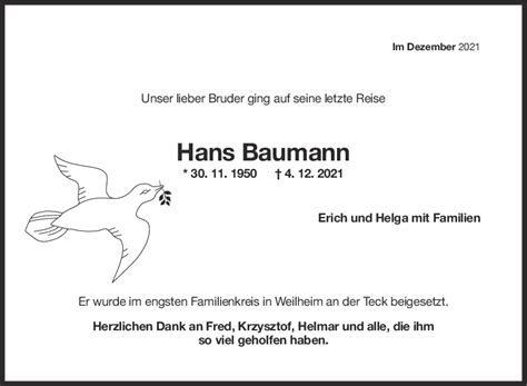 Trauer Hans Baumann Teckbote Trauerportal Teckbote